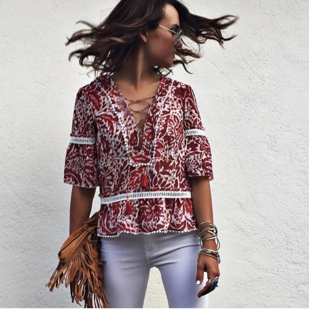 SAYLOR Red and White Lace Blouse